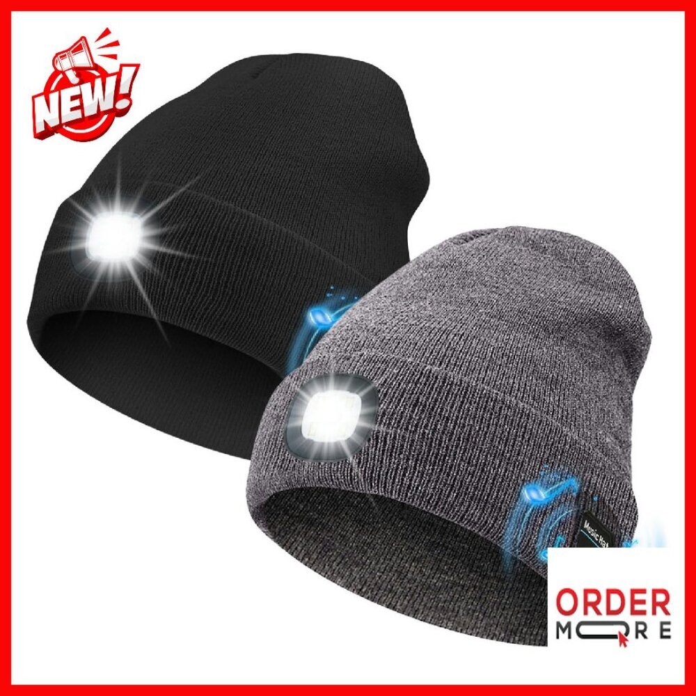 Usb Rechargeable Bluetooth Beanie With Led Headlamp Winter Hat